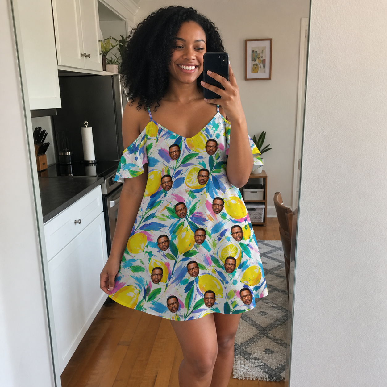 Real-life photo of someone wearing Women's Citron Confetti Custom Face Off-Shoulder Dress — custom faces printed all-over