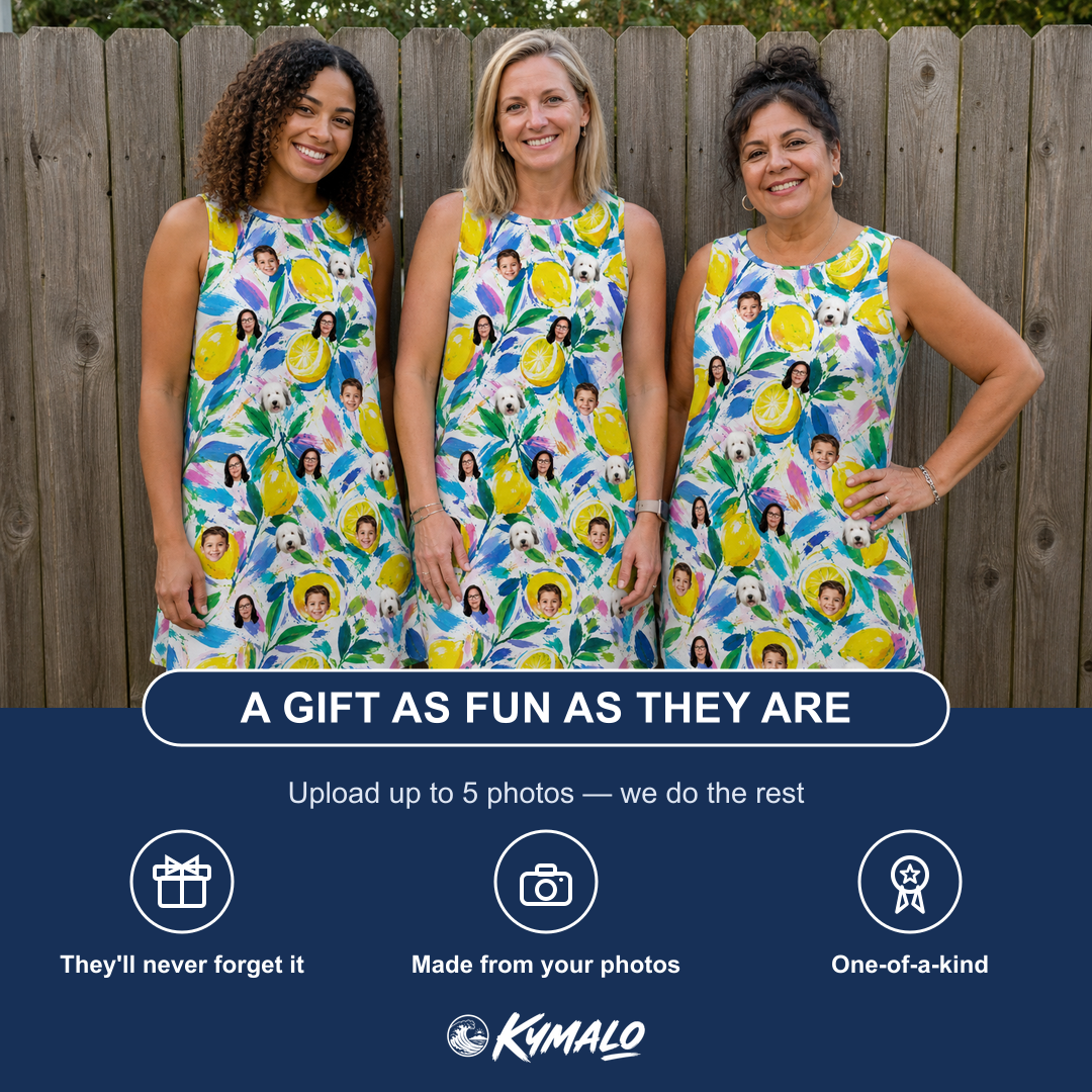 Friends in matching Women's Citron Confetti Custom Face Tank Dress — a group gift photo