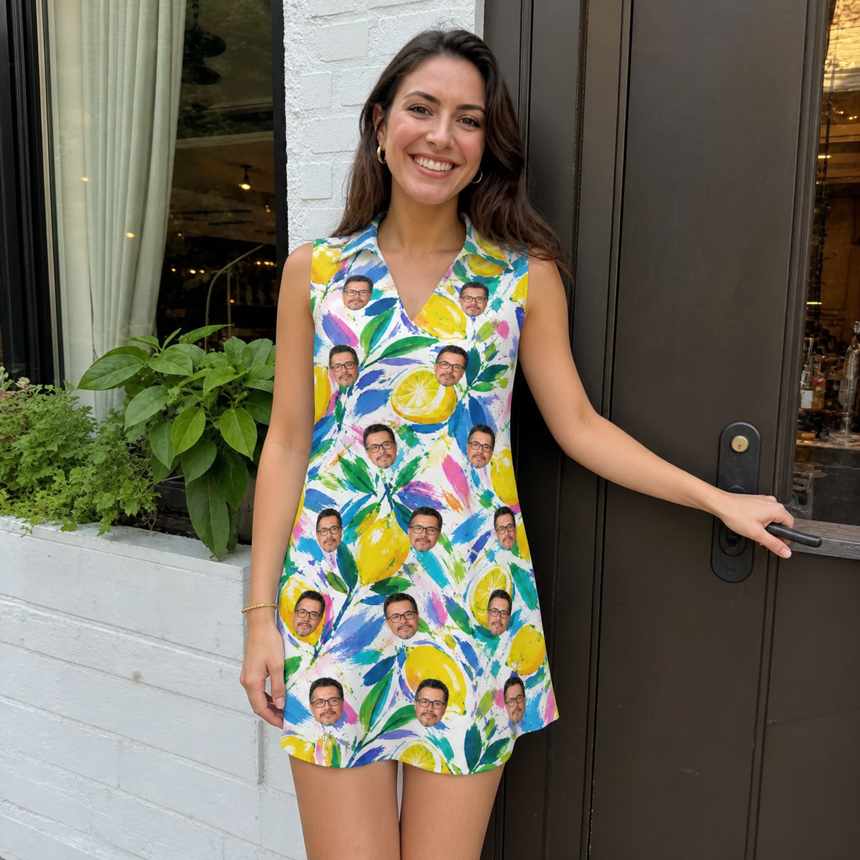 Real-life photo of someone wearing Women's Citron Confetti Custom Face V-Neck Dress — custom faces printed all-over