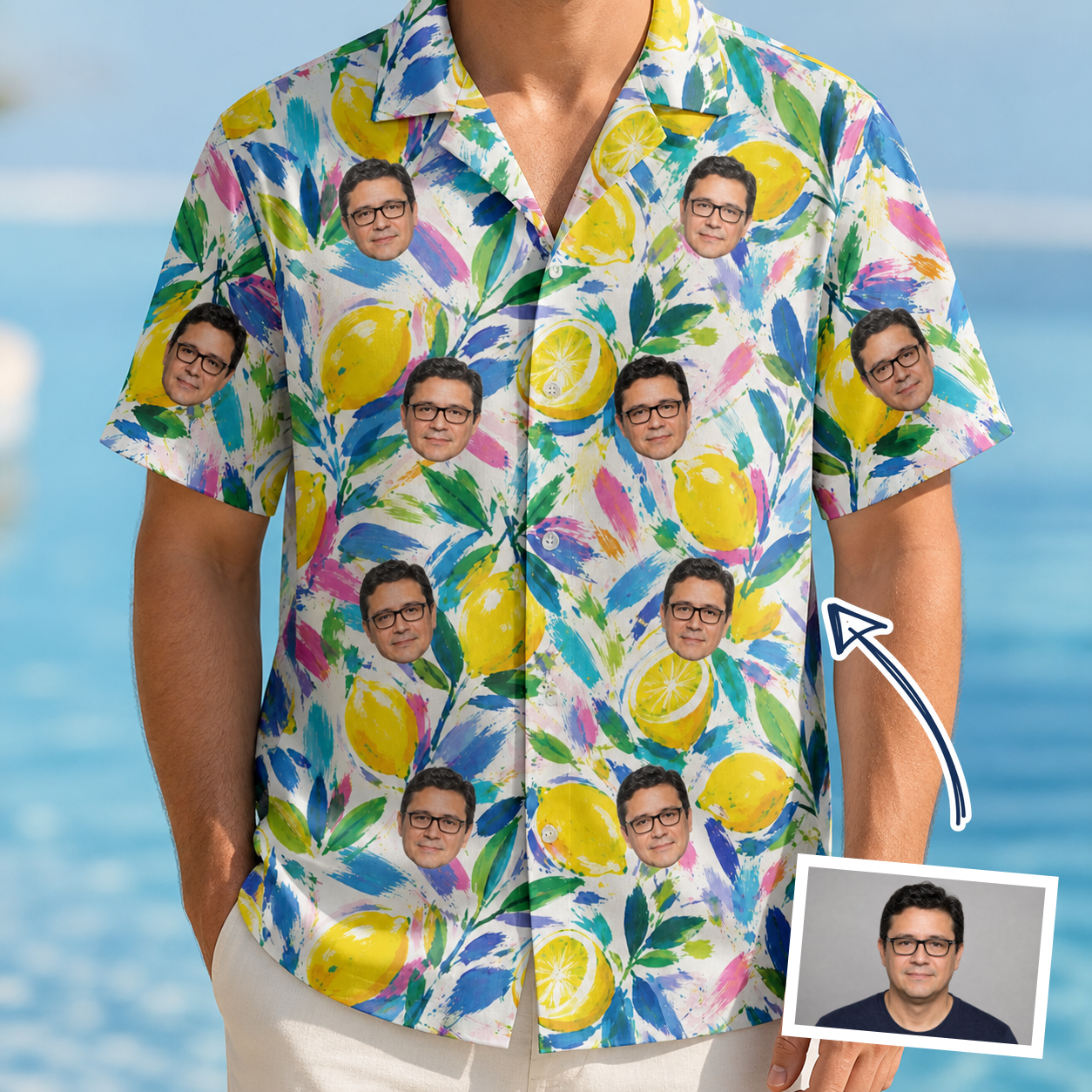 Man wearing Men's Citron Confetti Custom Face Hawaiian Shirt — custom faces printed all-over