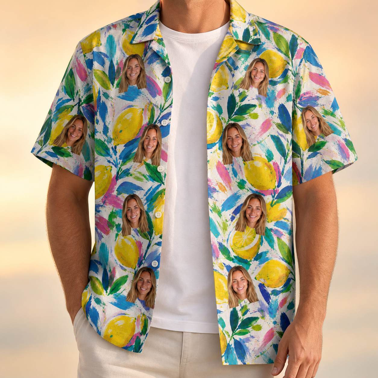 Man wearing Men's Citron Confetti Custom Face Hawaiian Shirt open over a white tee