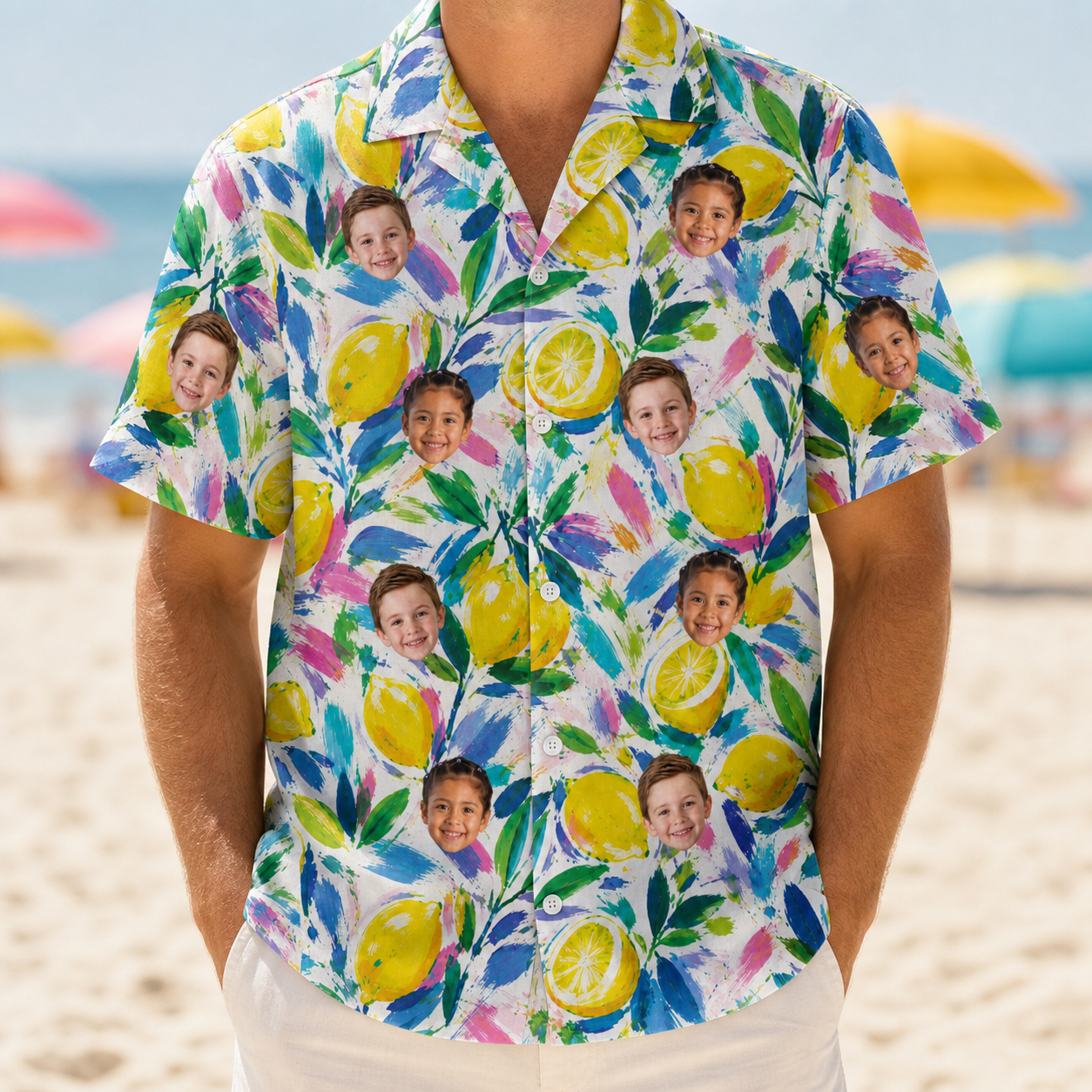 Model wearing Men's Citron Confetti Custom Face Hawaiian Shirt printed with kids' faces