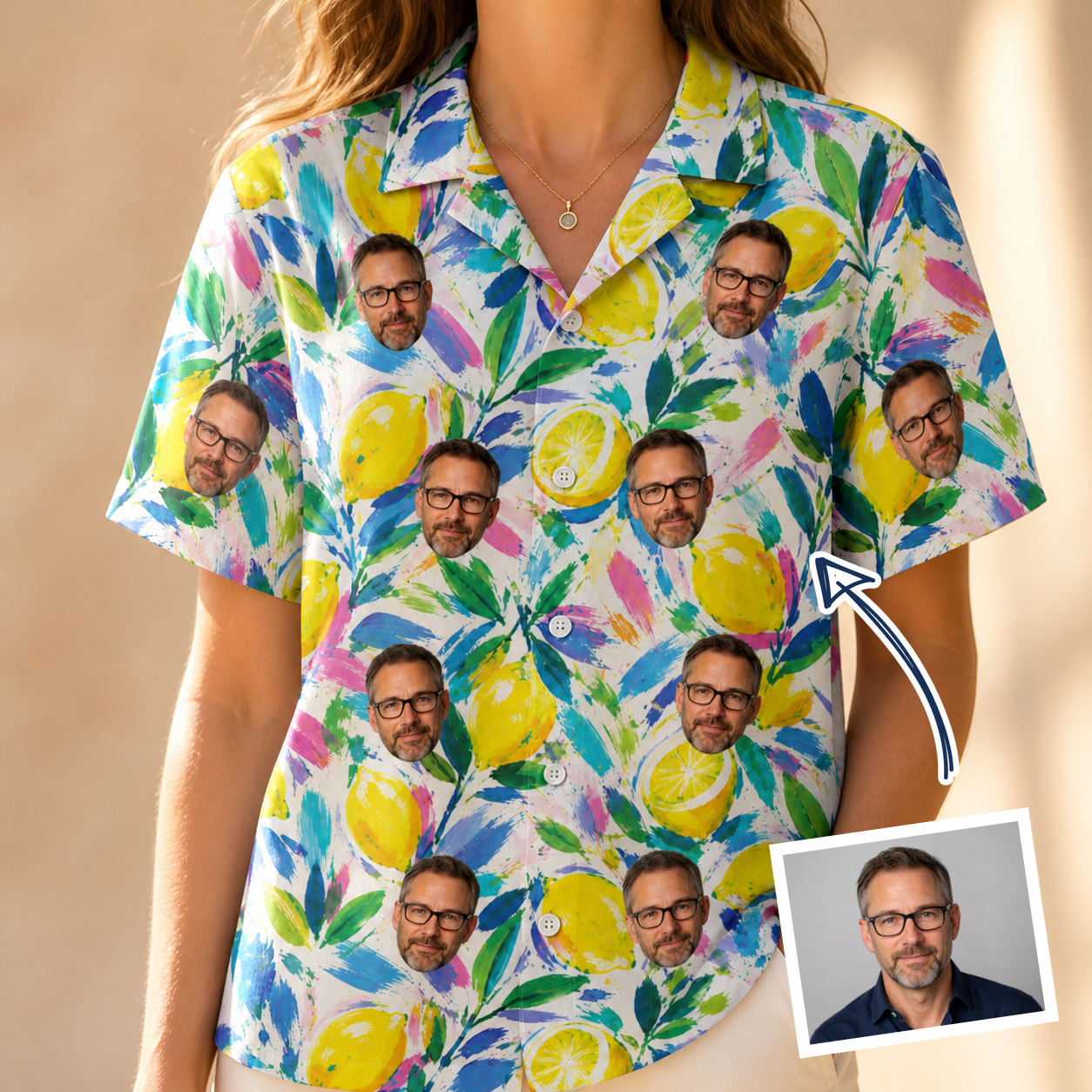 Woman wearing Women's Citron Confetti Custom Face Hawaiian Shirt — custom faces printed all-over