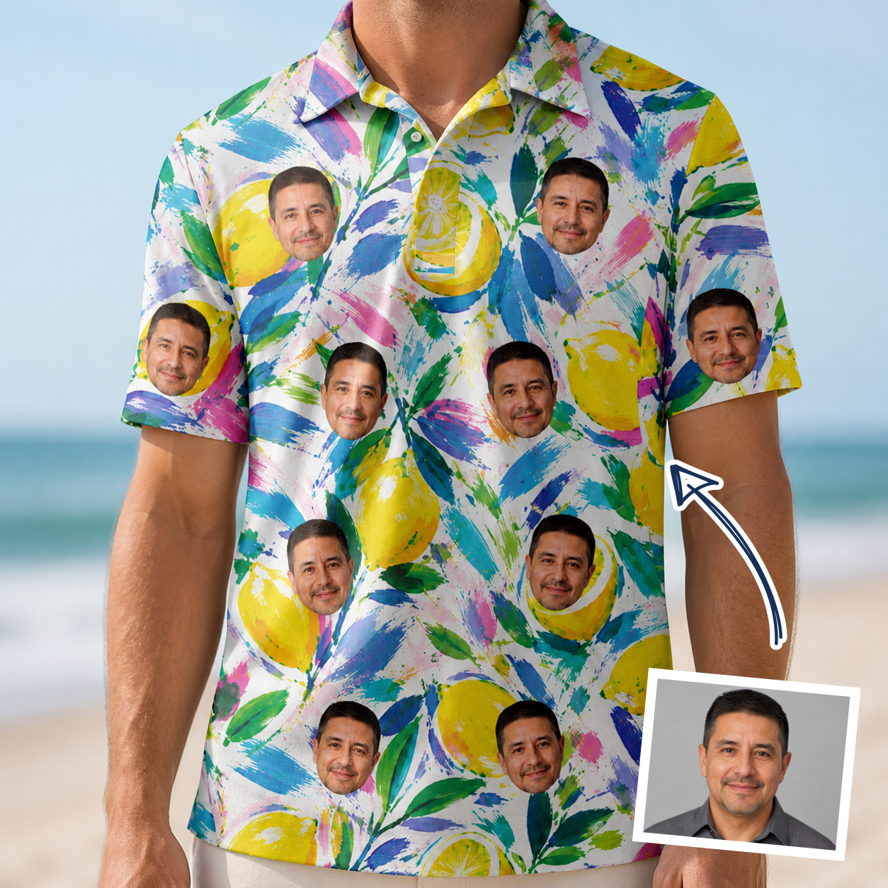 Man wearing Men's Citron Confetti Custom Face Polo Shirt — custom faces printed all-over