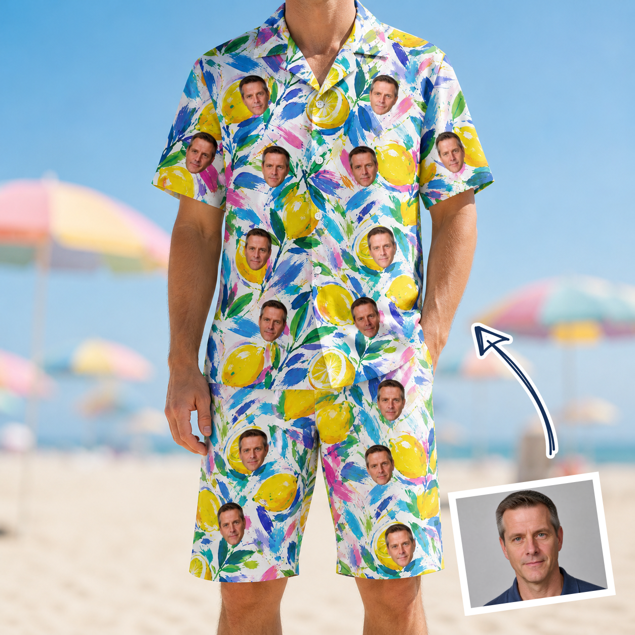 Man wearing Men's Citron Confetti Custom Face Shirt & Shorts Set — custom faces printed all-over