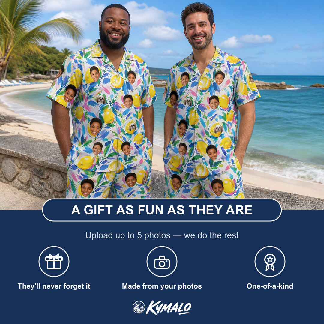 Friends in matching Men's Citron Confetti Custom Face Shirt & Shorts Set — a group gift photo