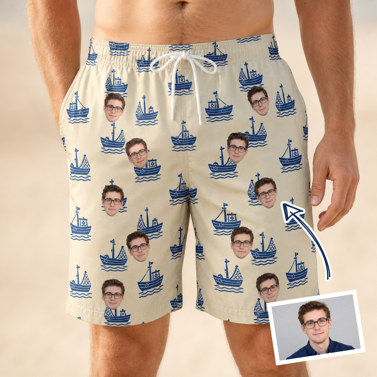 Man wearing Men's Skipper Scooters Custom Face Beach Shorts — custom faces printed all-over