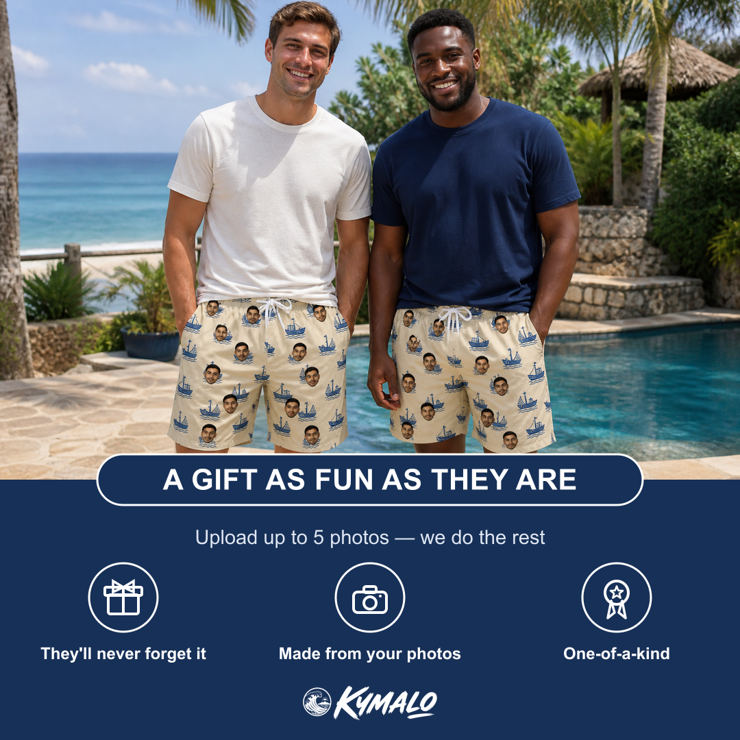 Friends in matching Men's Skipper Scooters Custom Face Beach Shorts — a group gift photo