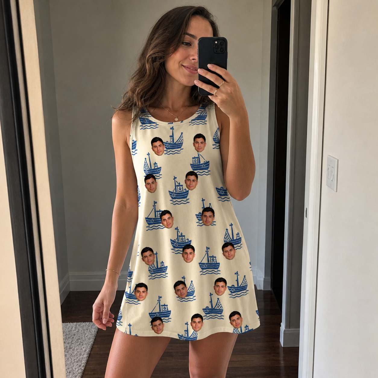 Real-life photo of someone wearing Women's Skipper Scooters Custom Face Tank Dress — custom faces printed all-over