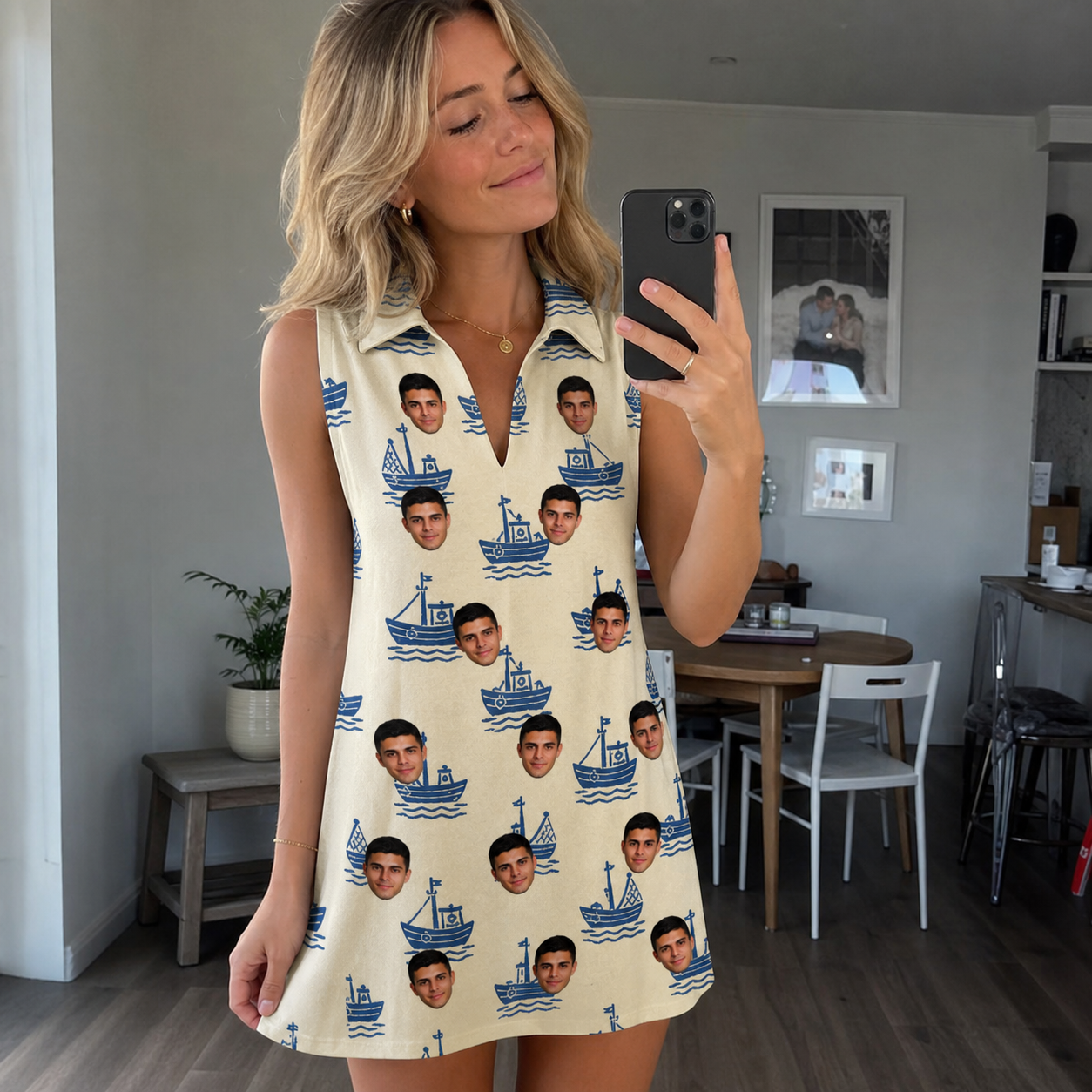 Real-life photo of someone wearing Women's Skipper Scooters Custom Face V-Neck Dress — custom faces printed all-over