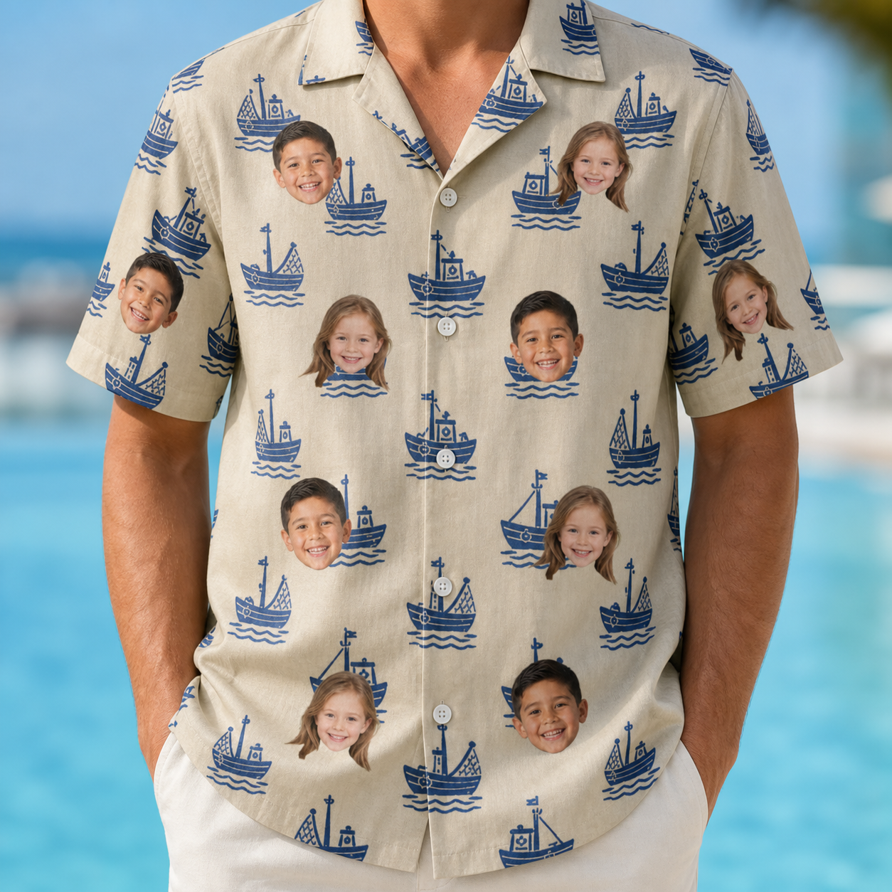 Model wearing Men's Skipper Scooters Custom Face Hawaiian Shirt printed with kids' faces
