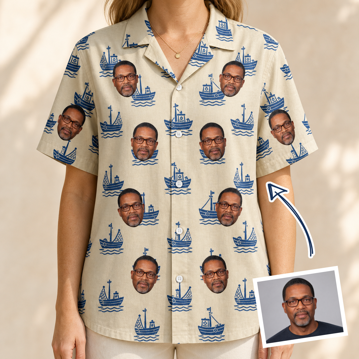 Woman wearing Women's Skipper Scooters Custom Face Hawaiian Shirt — custom faces printed all-over