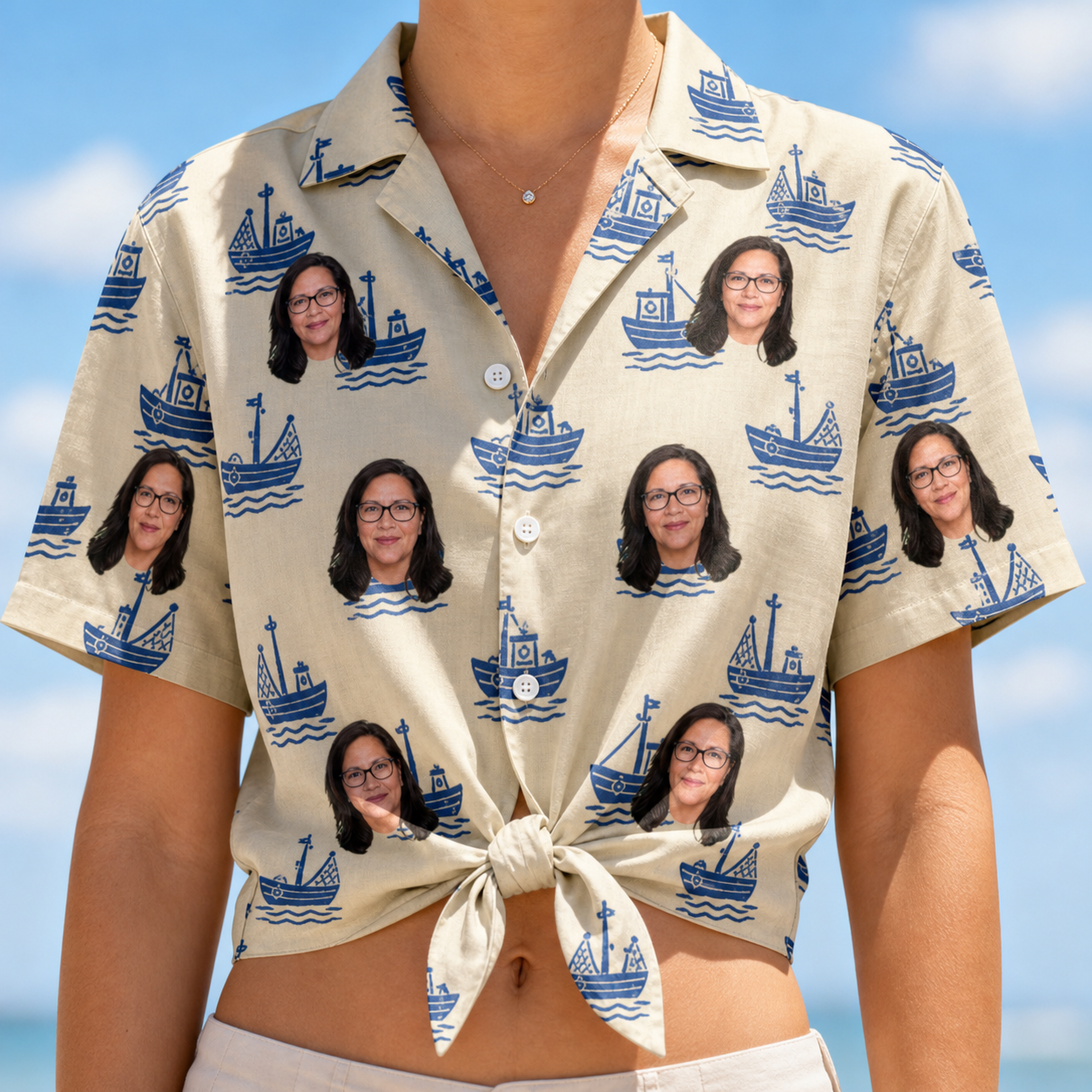 Woman wearing Women's Skipper Scooters Custom Face Hawaiian Shirt tied at the waist