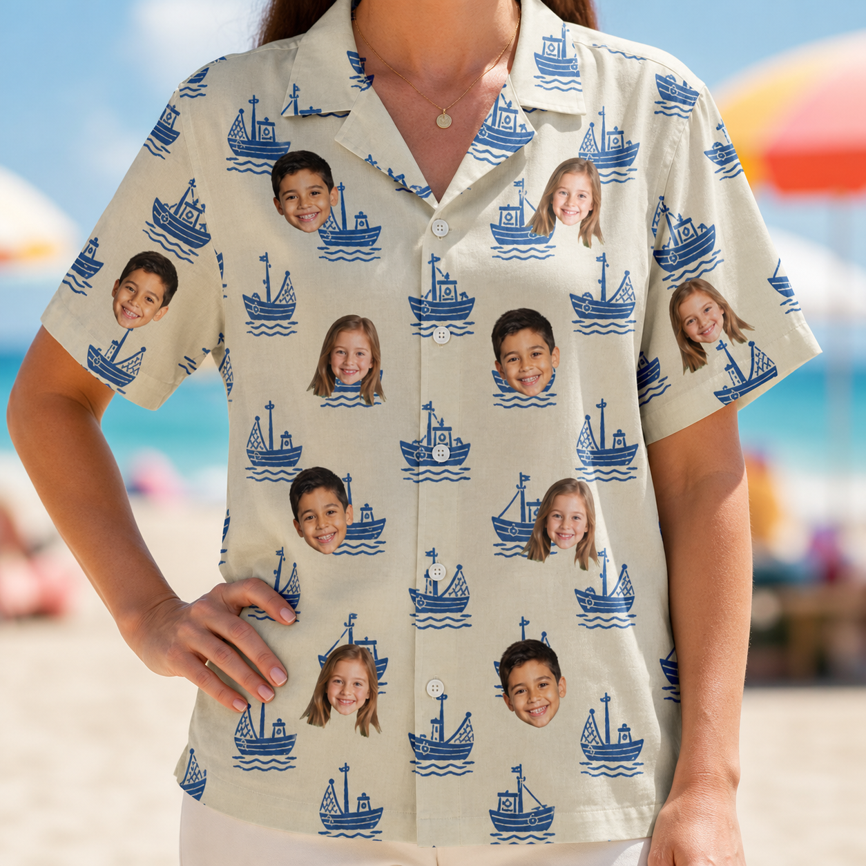 Model wearing Women's Skipper Scooters Custom Face Hawaiian Shirt printed with kids' faces