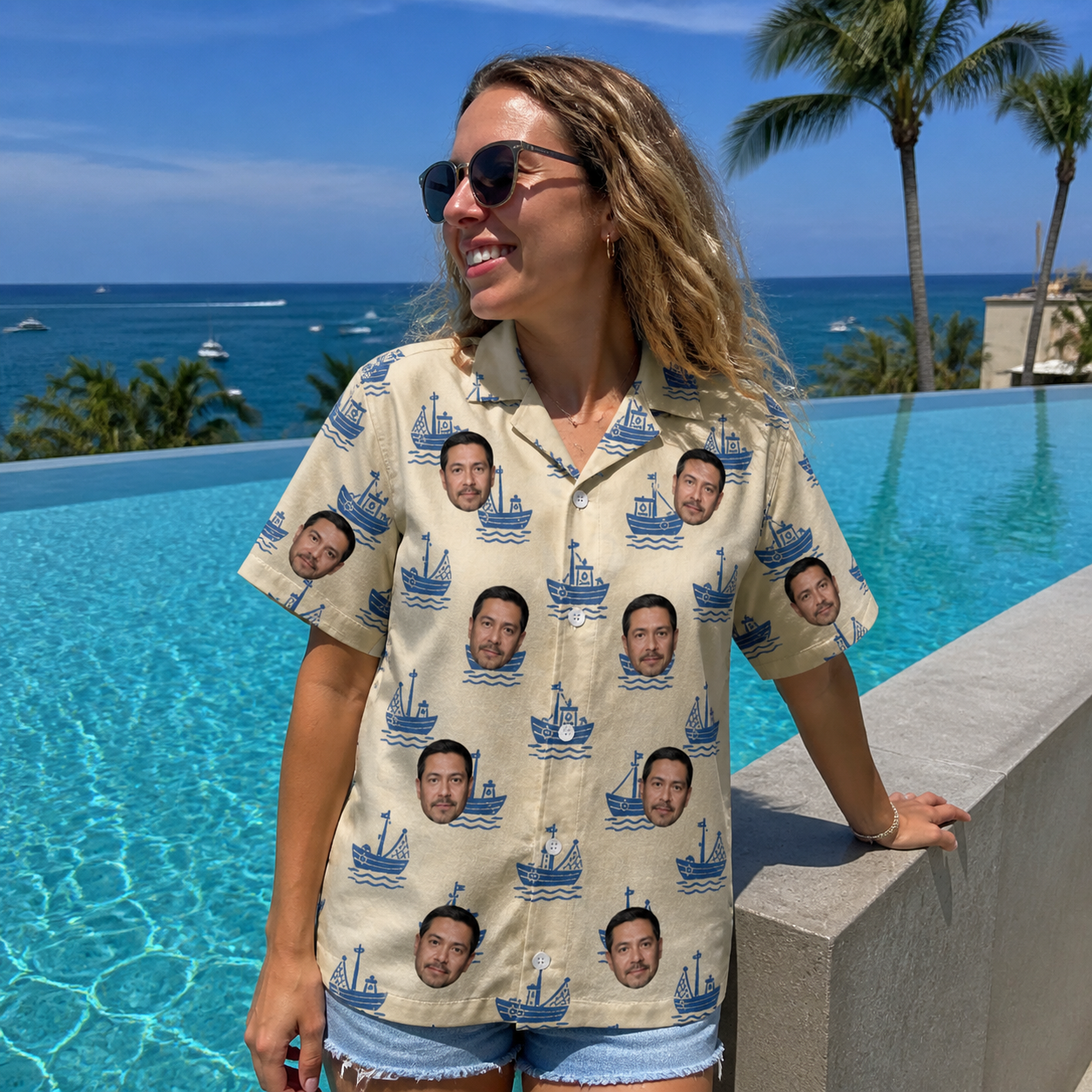 Real-life photo of someone wearing Women's Skipper Scooters Custom Face Hawaiian Shirt — custom faces printed all-over