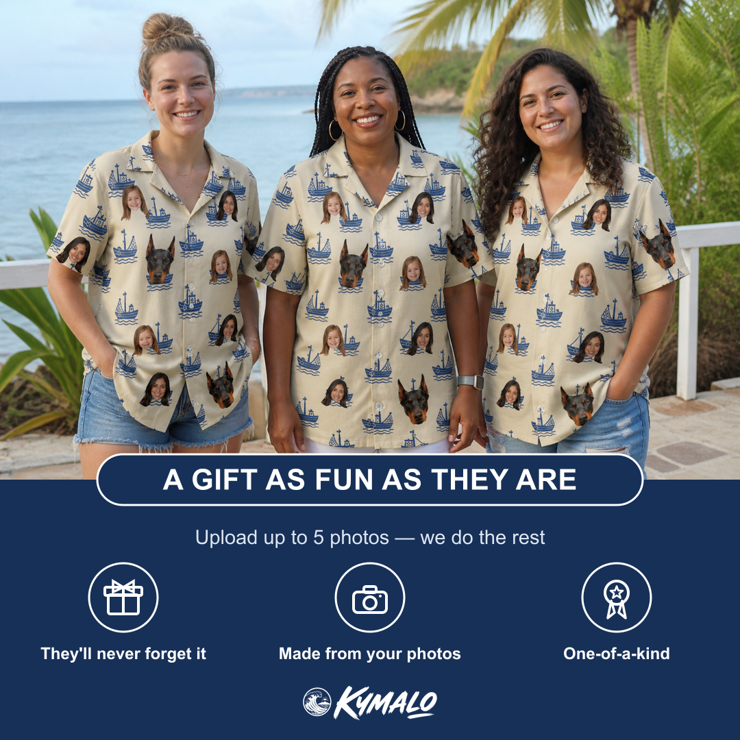 Friends in matching Women's Skipper Scooters Custom Face Hawaiian Shirt — a group gift photo