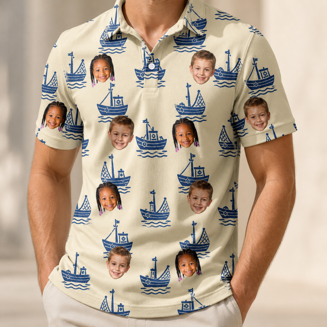 Model wearing Men's Skipper Scooters Custom Face Polo Shirt printed with kids' faces