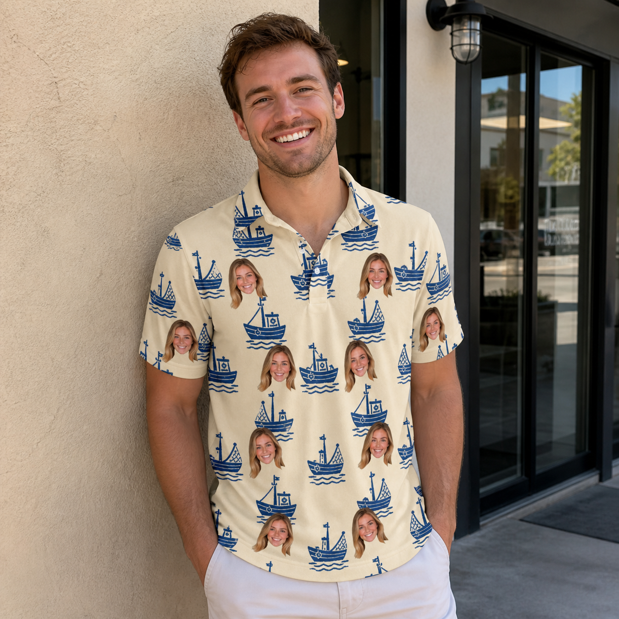Real-life photo of someone wearing Men's Skipper Scooters Custom Face Polo Shirt — custom faces printed all-over