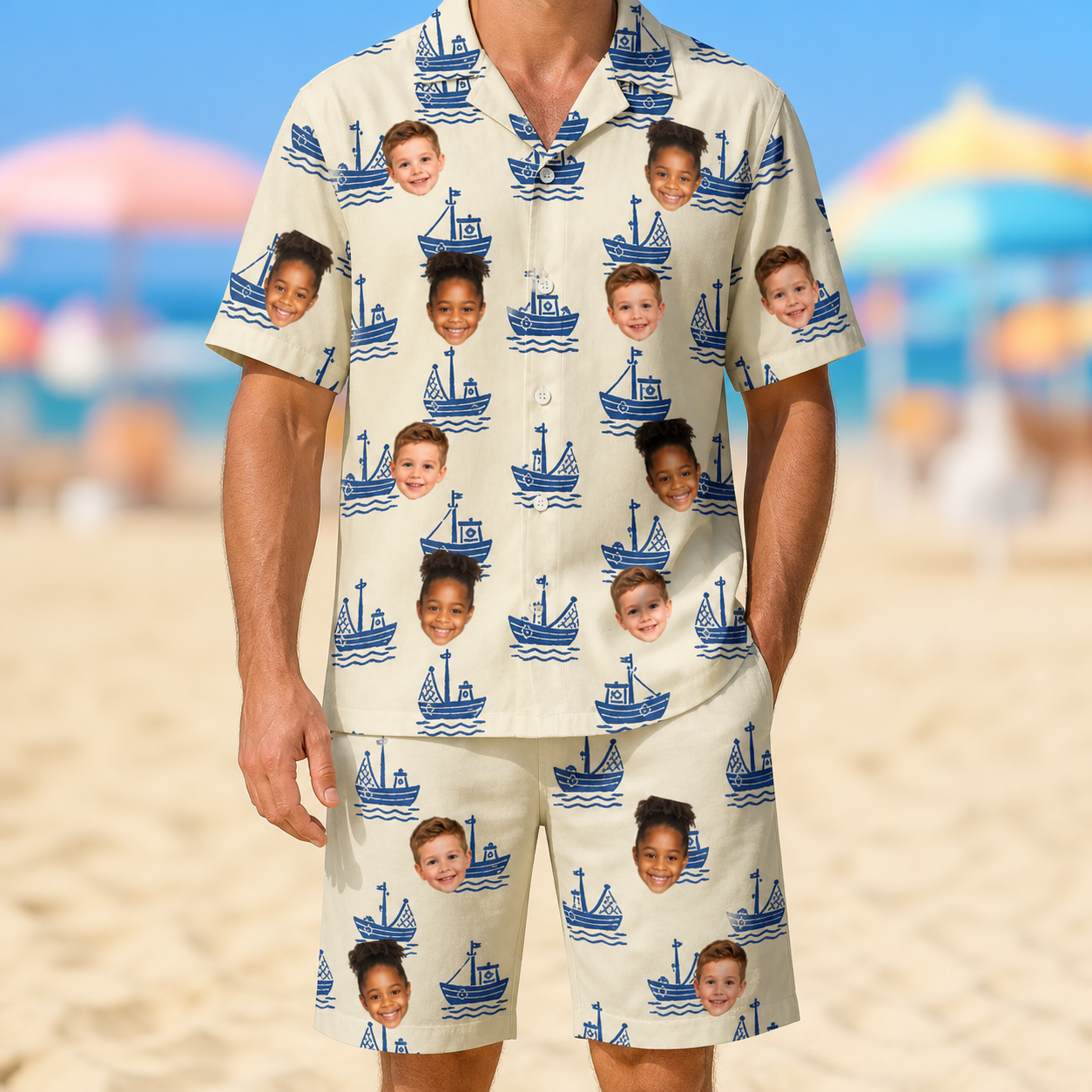 Model wearing Men's Skipper Scooters Custom Face Shirt & Shorts Set printed with kids' faces