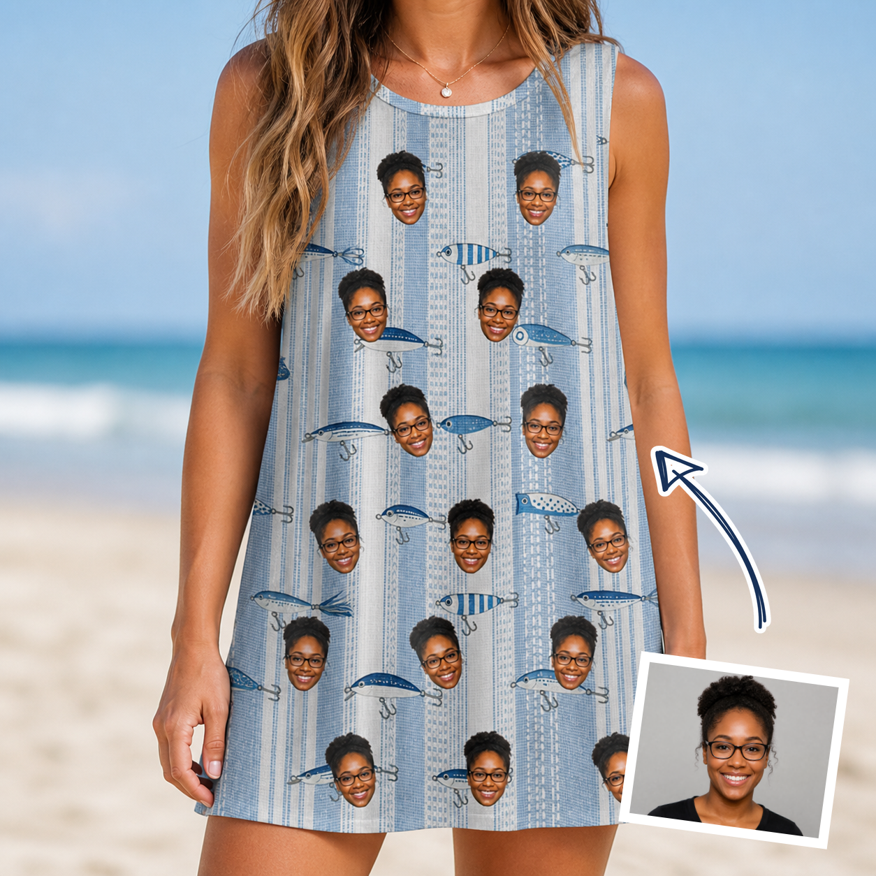 Woman wearing Women's Spoon Sizzle Custom Face Tank Dress — custom faces printed all-over