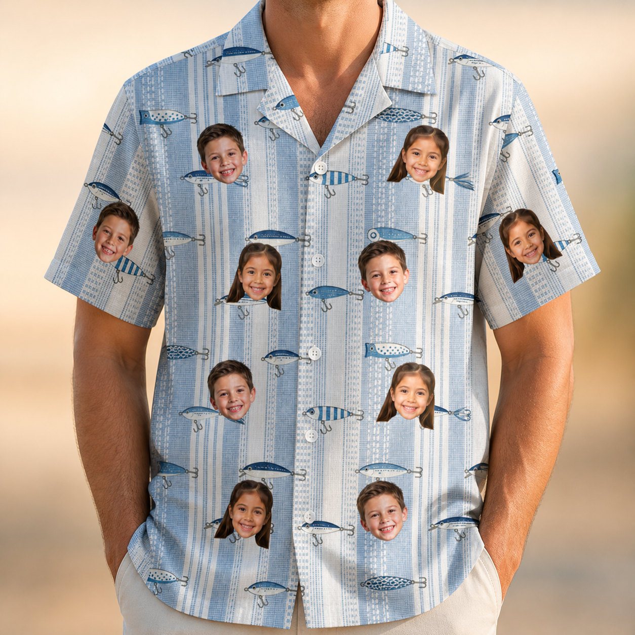 Model wearing Men's Spoon Sizzle Custom Face Hawaiian Shirt printed with kids' faces