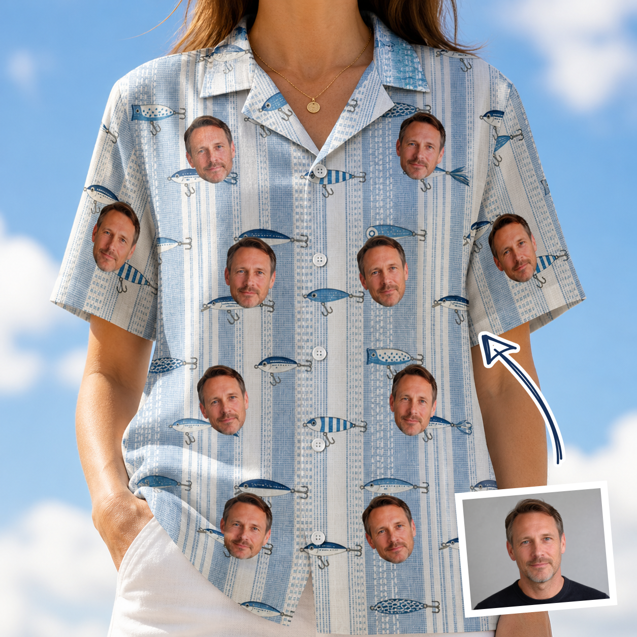 Woman wearing Women's Spoon Sizzle Custom Face Hawaiian Shirt — custom faces printed all-over