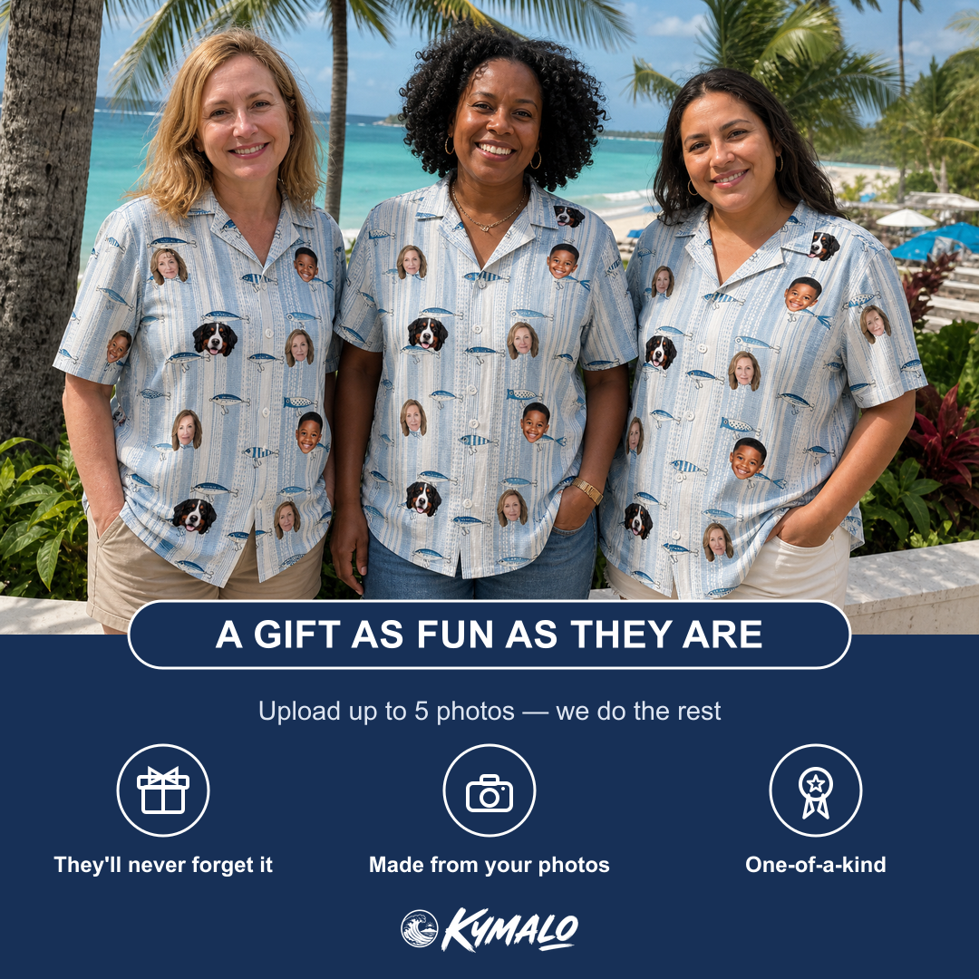 Friends in matching Women's Spoon Sizzle Custom Face Hawaiian Shirt — a group gift photo