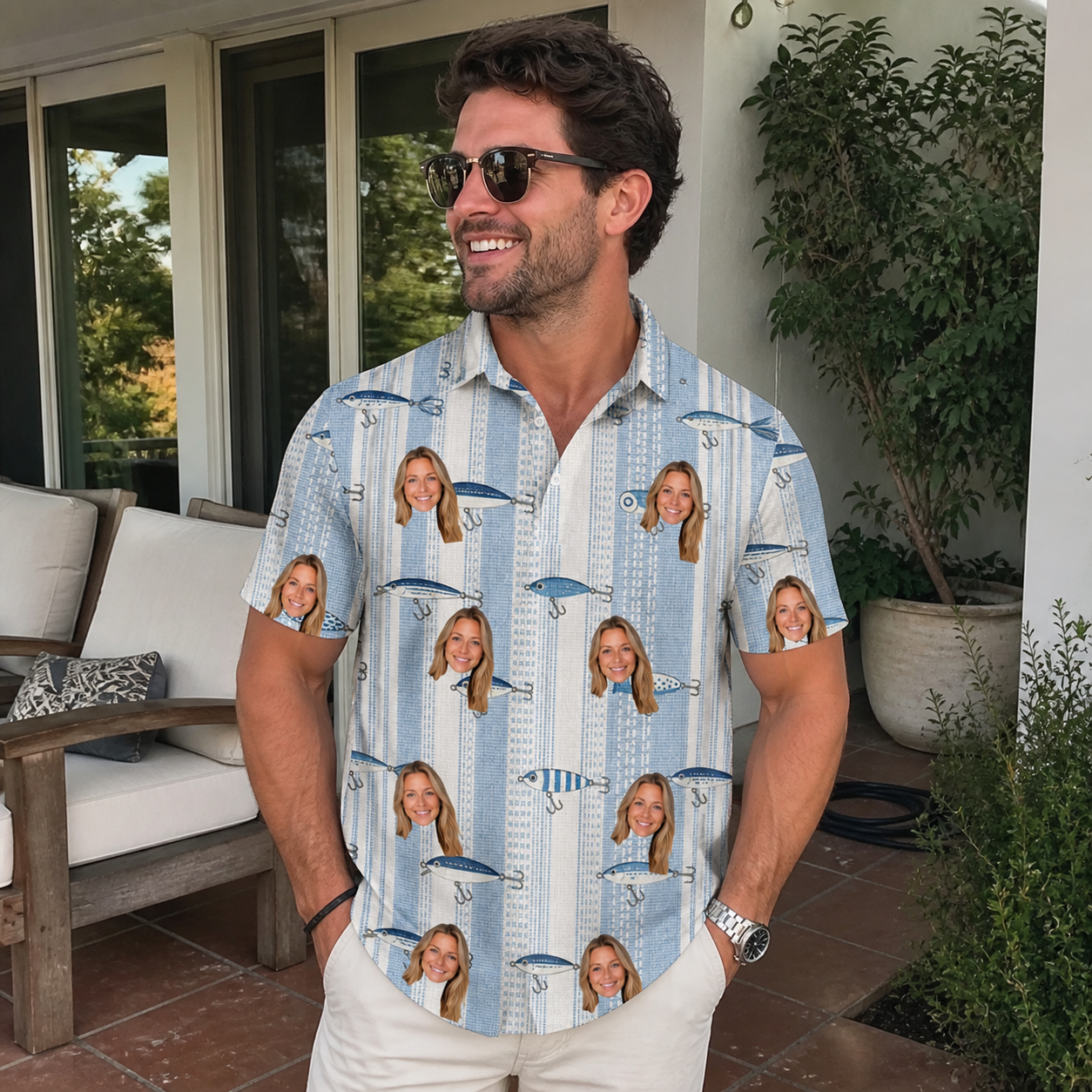 Real-life photo of someone wearing Men's Spoon Sizzle Custom Face Polo Shirt — custom faces printed all-over