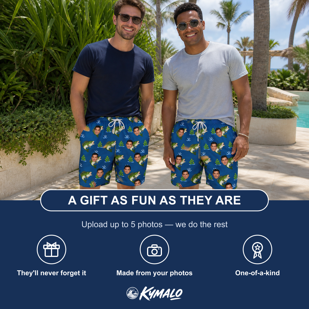 Friends in matching Men's Scale Mail Custom Face Beach Shorts — a group gift photo