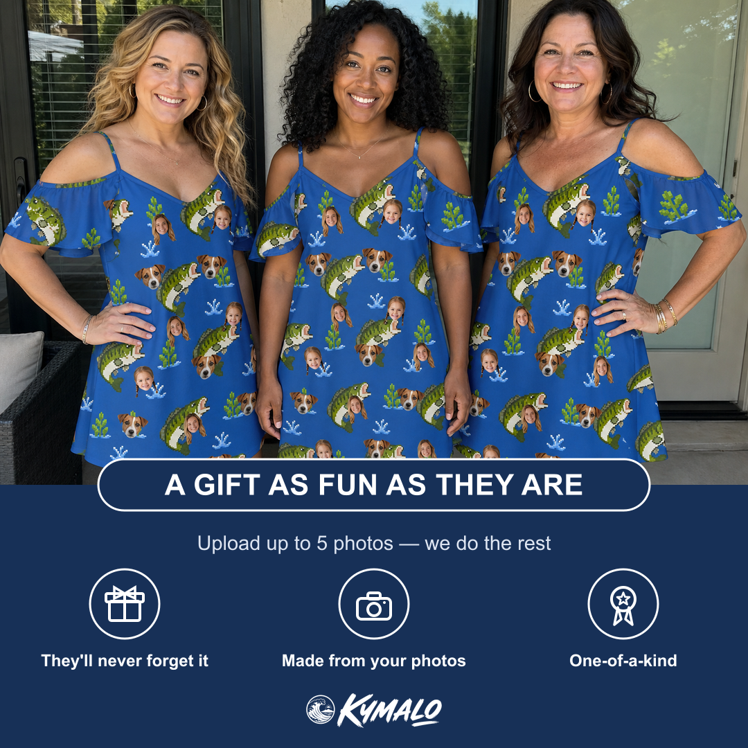Friends in matching Women's Scale Mail Custom Face Off-Shoulder Dress — a group gift photo