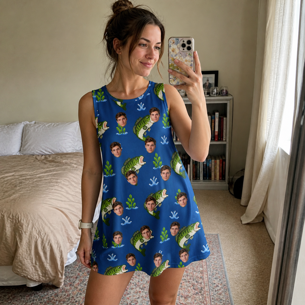 Real-life photo of someone wearing Women's Scale Mail Custom Face Tank Dress — custom faces printed all-over