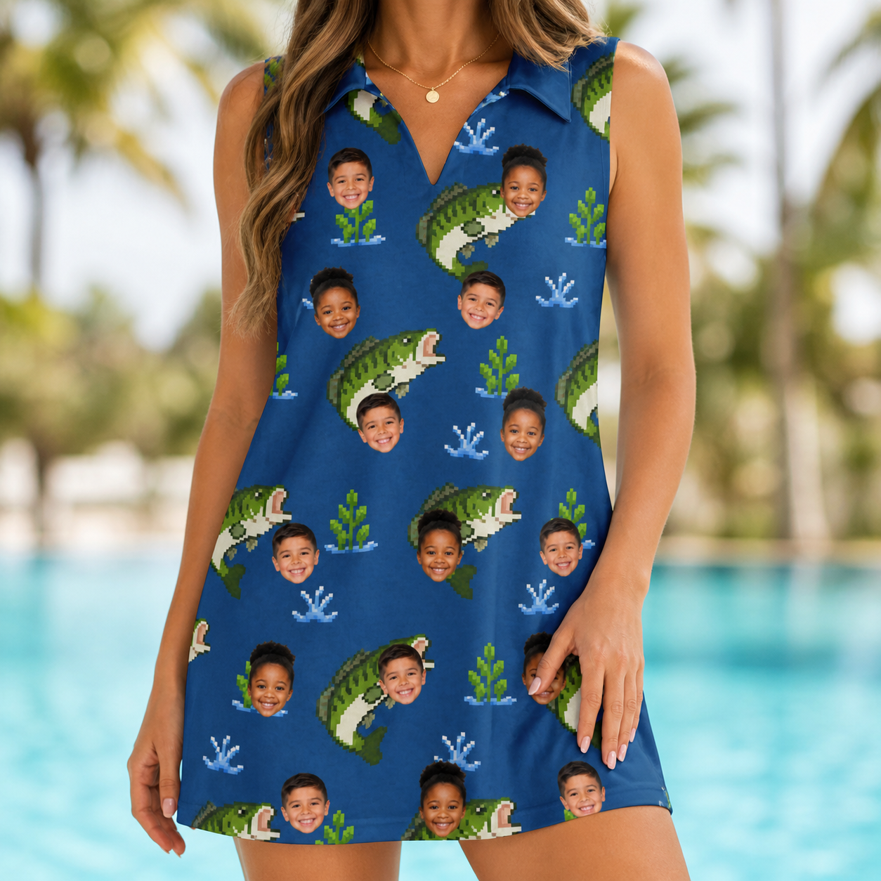 Model wearing Women's Scale Mail Custom Face V-Neck Dress printed with kids' faces
