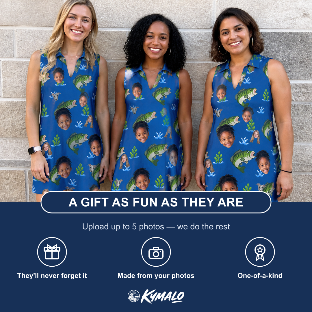 Friends in matching Women's Scale Mail Custom Face V-Neck Dress — a group gift photo