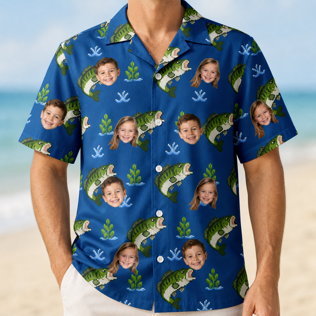 Model wearing Men's Scale Mail Custom Face Hawaiian Shirt printed with kids' faces