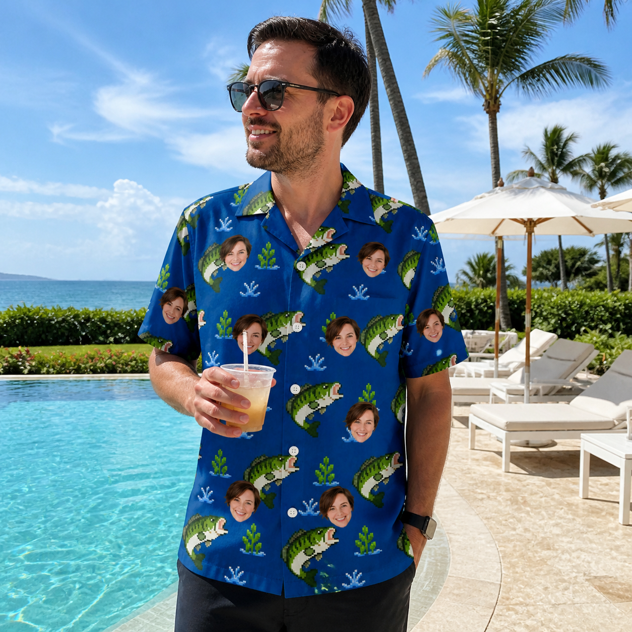 Real-life photo of someone wearing Men's Scale Mail Custom Face Hawaiian Shirt — custom faces printed all-over