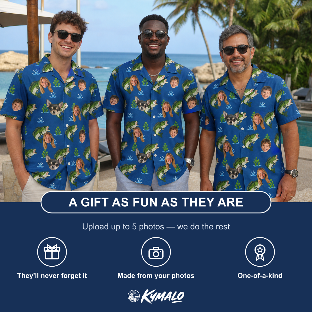 Friends in matching Men's Scale Mail Custom Face Hawaiian Shirt — a group gift photo