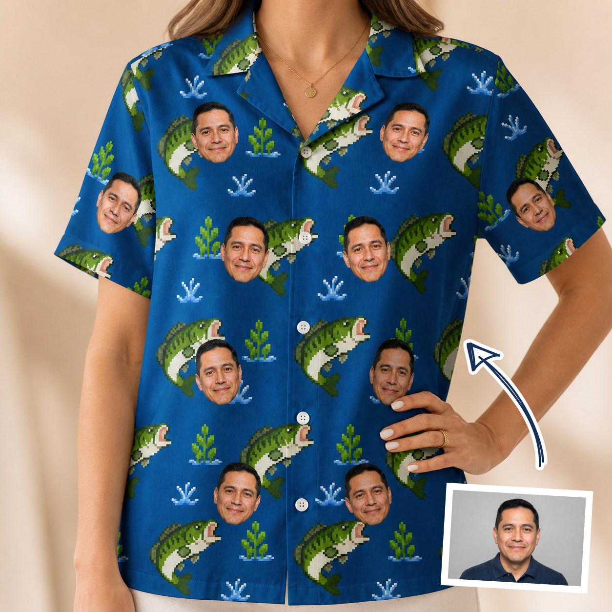 Woman wearing Women's Scale Mail Custom Face Hawaiian Shirt — custom faces printed all-over