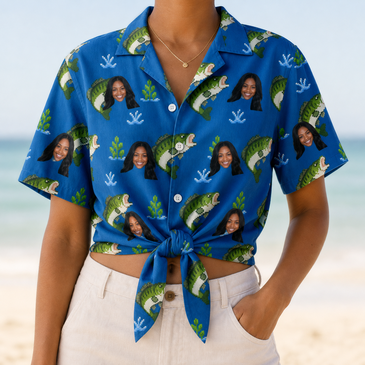 Woman wearing Women's Scale Mail Custom Face Hawaiian Shirt tied at the waist