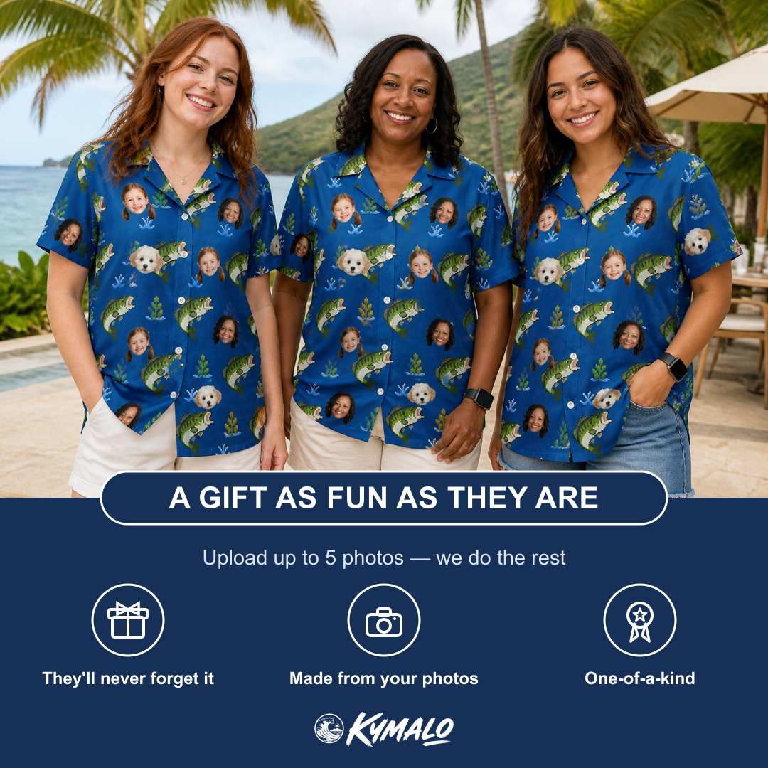 Friends in matching Women's Scale Mail Custom Face Hawaiian Shirt — a group gift photo