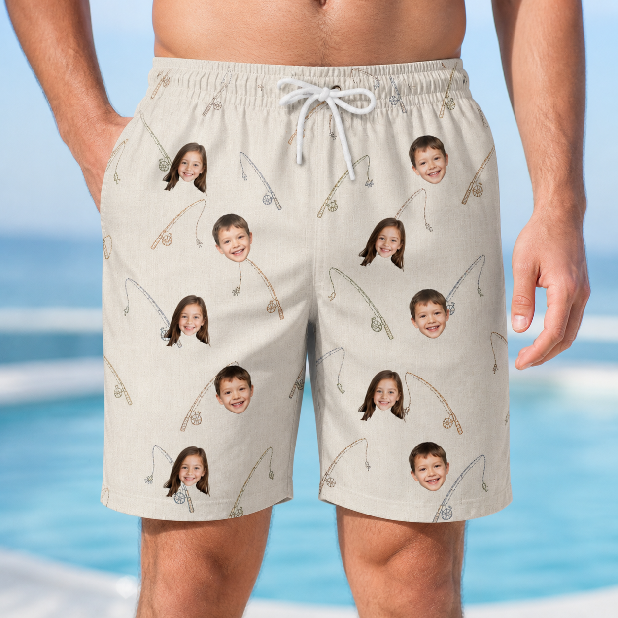 Model wearing Men's Fishing Frenzy Custom Face Beach Shorts printed with kids' faces