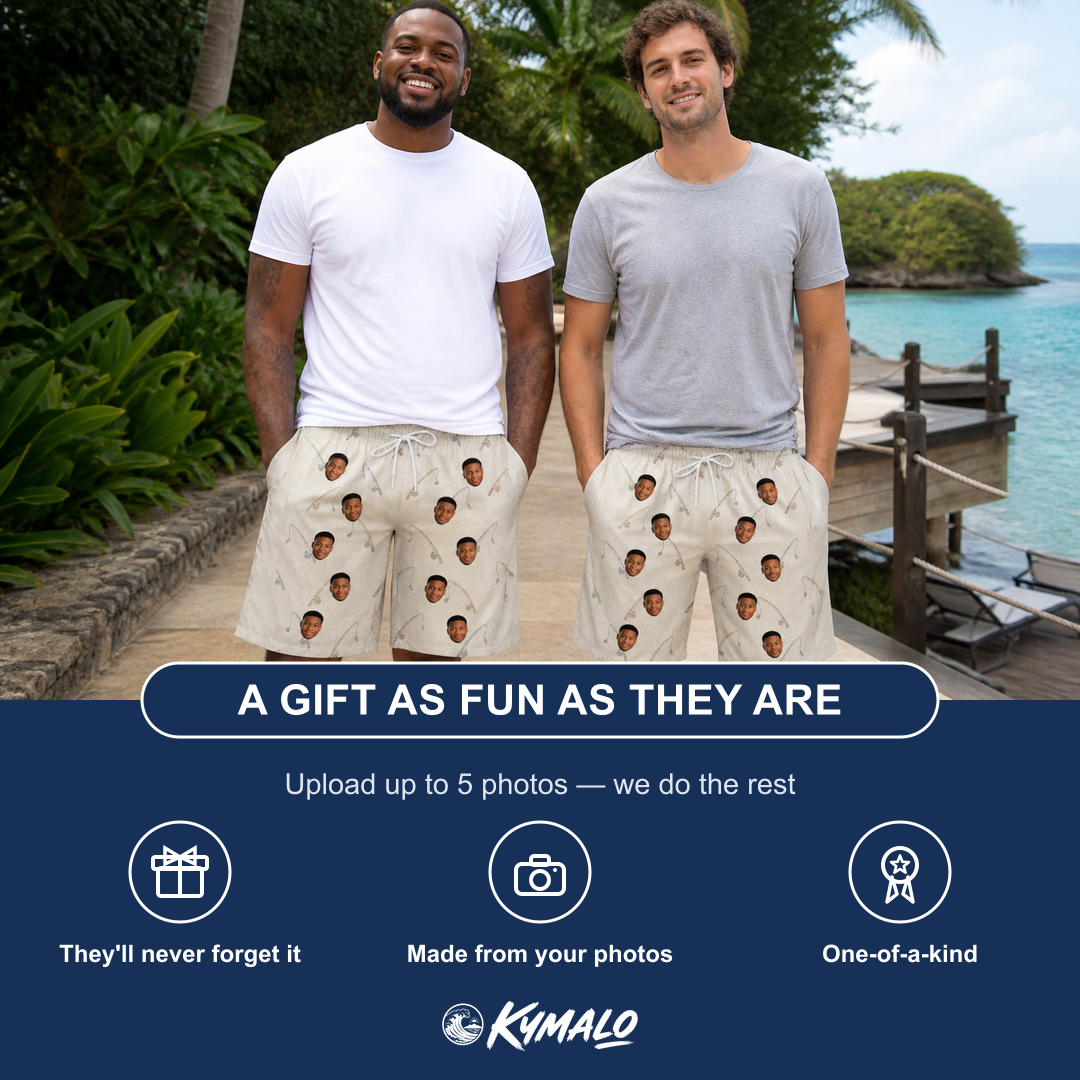Friends in matching Men's Fishing Frenzy Custom Face Beach Shorts — a group gift photo