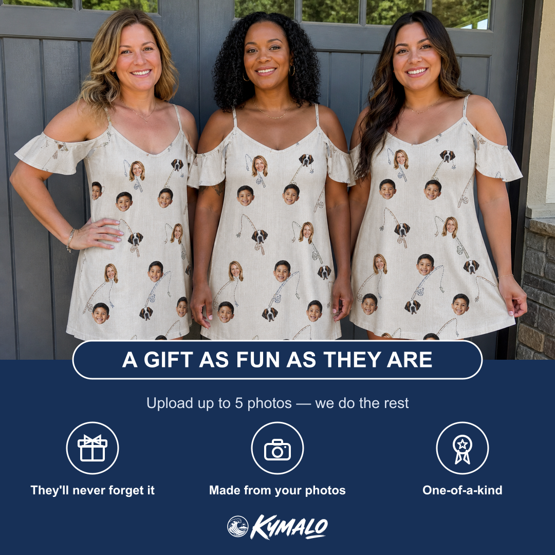 Friends in matching Women's Fishing Frenzy Custom Face Off-Shoulder Dress — a group gift photo