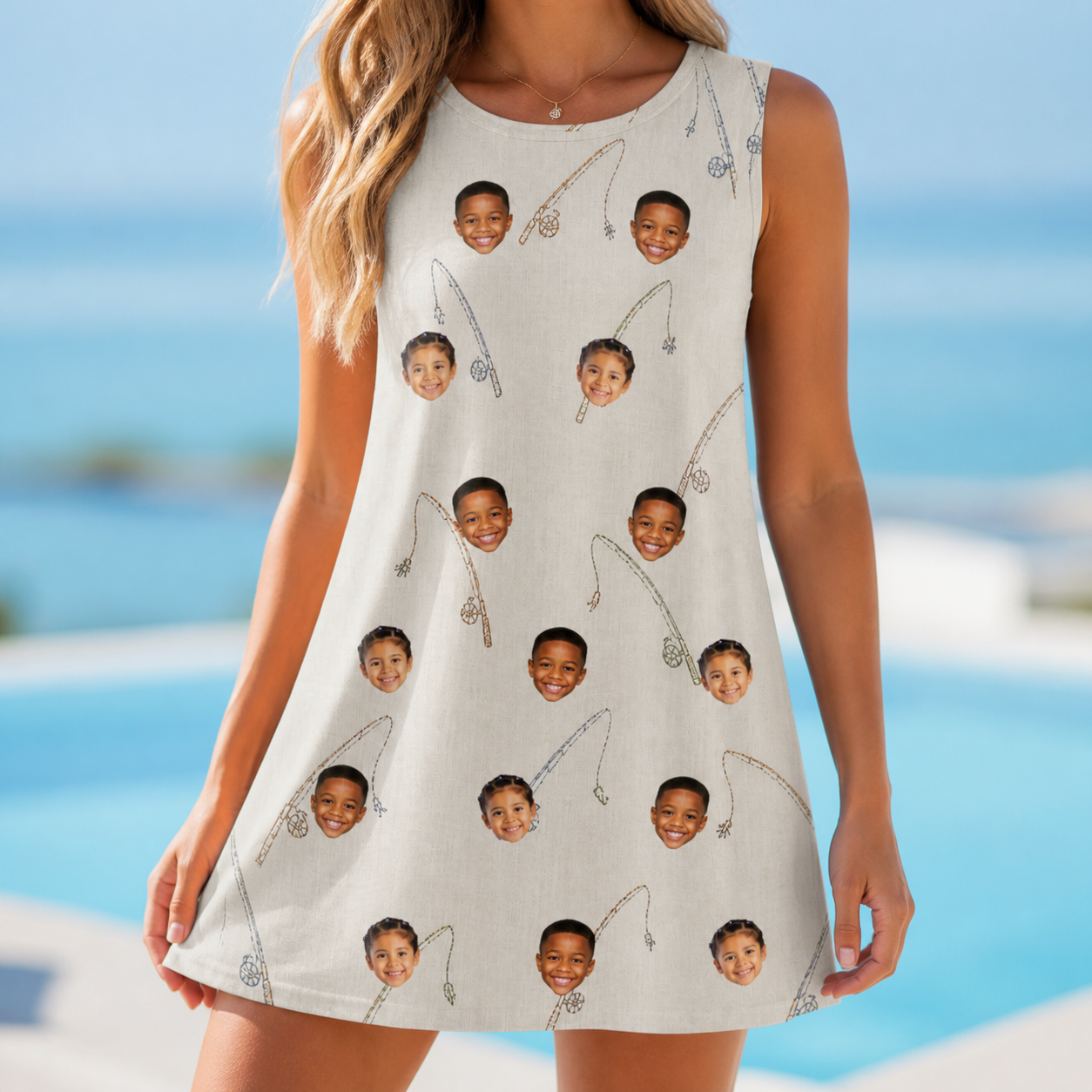 Model wearing Women's Fishing Frenzy Custom Face Tank Dress printed with kids' faces