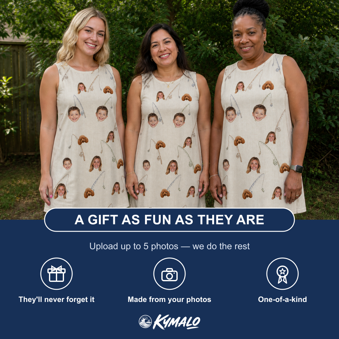 Friends in matching Women's Fishing Frenzy Custom Face Tank Dress — a group gift photo