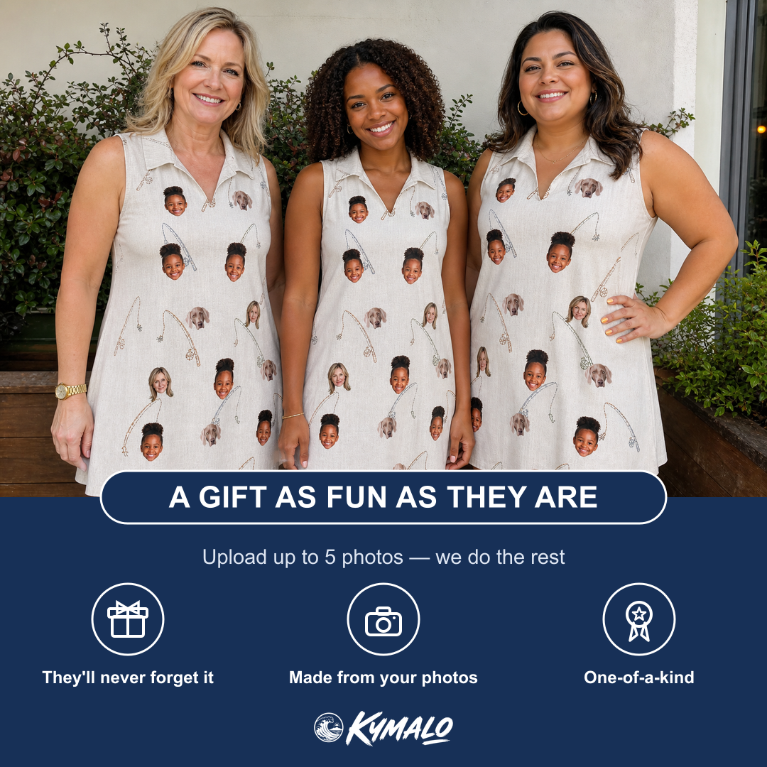 Friends in matching Women's Fishing Frenzy Custom Face V-Neck Dress — a group gift photo