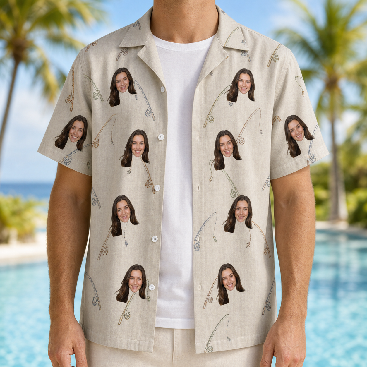 Man wearing Men's Fishing Frenzy Custom Face Hawaiian Shirt open over a white tee