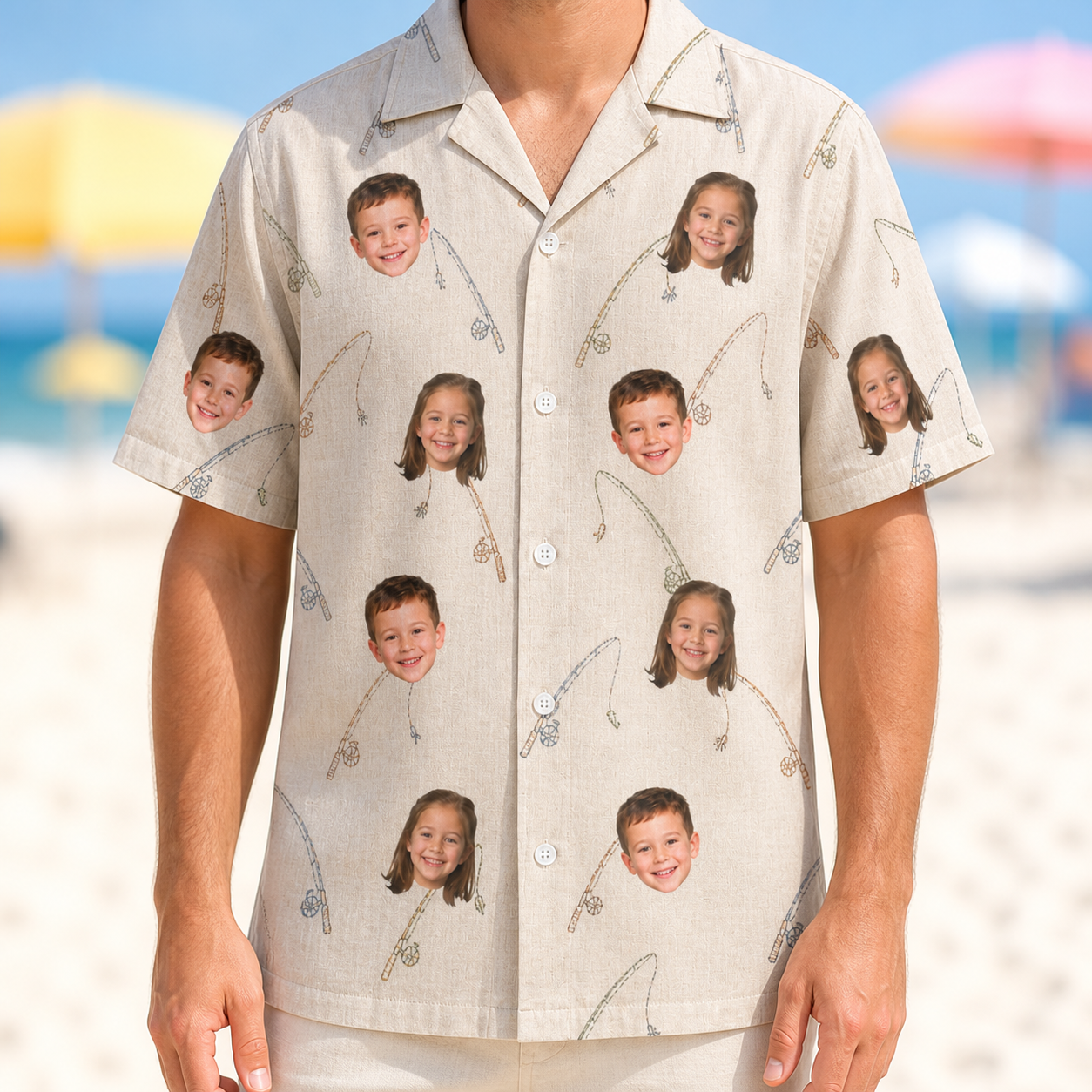 Model wearing Men's Fishing Frenzy Custom Face Hawaiian Shirt printed with kids' faces