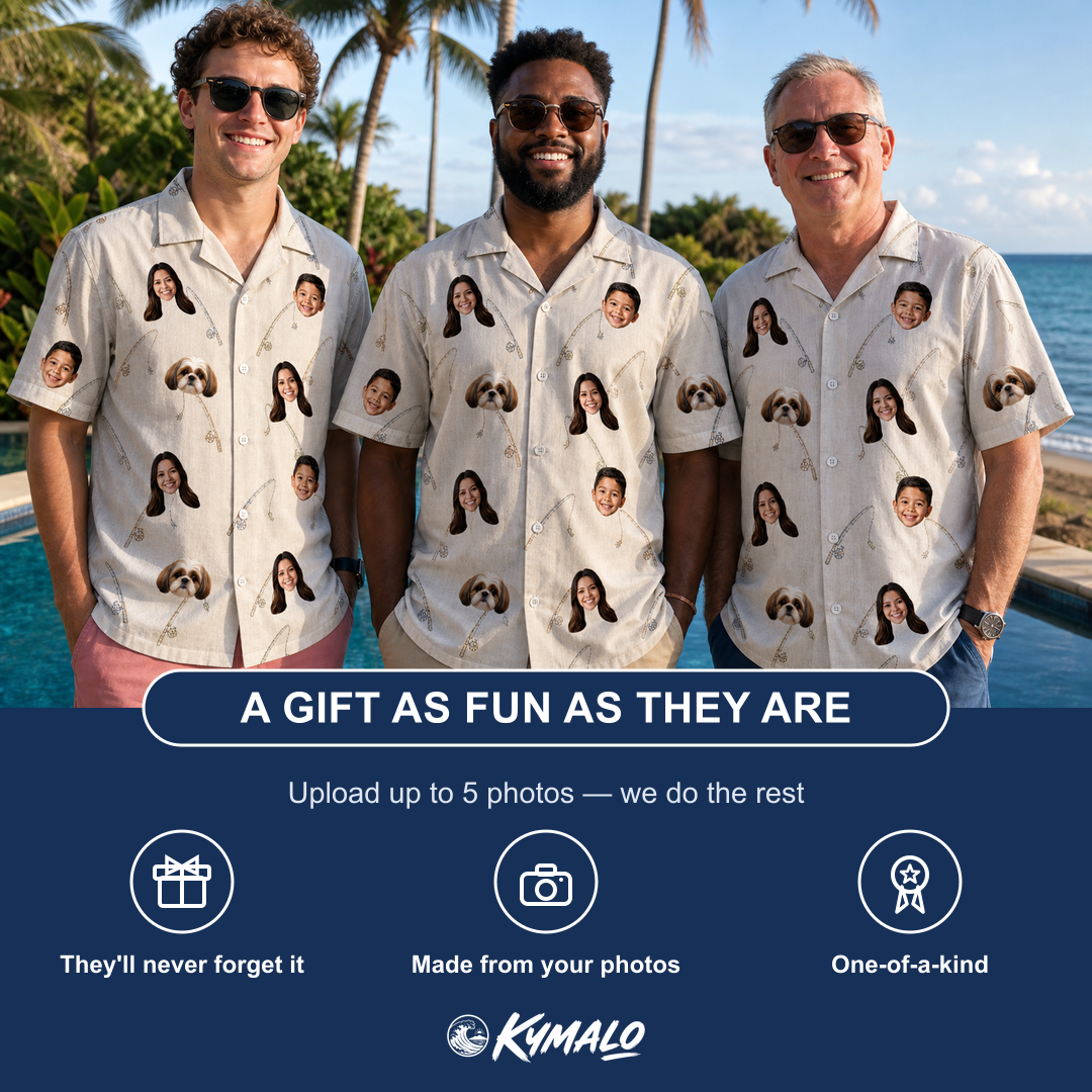 Friends in matching Men's Fishing Frenzy Custom Face Hawaiian Shirt — a group gift photo