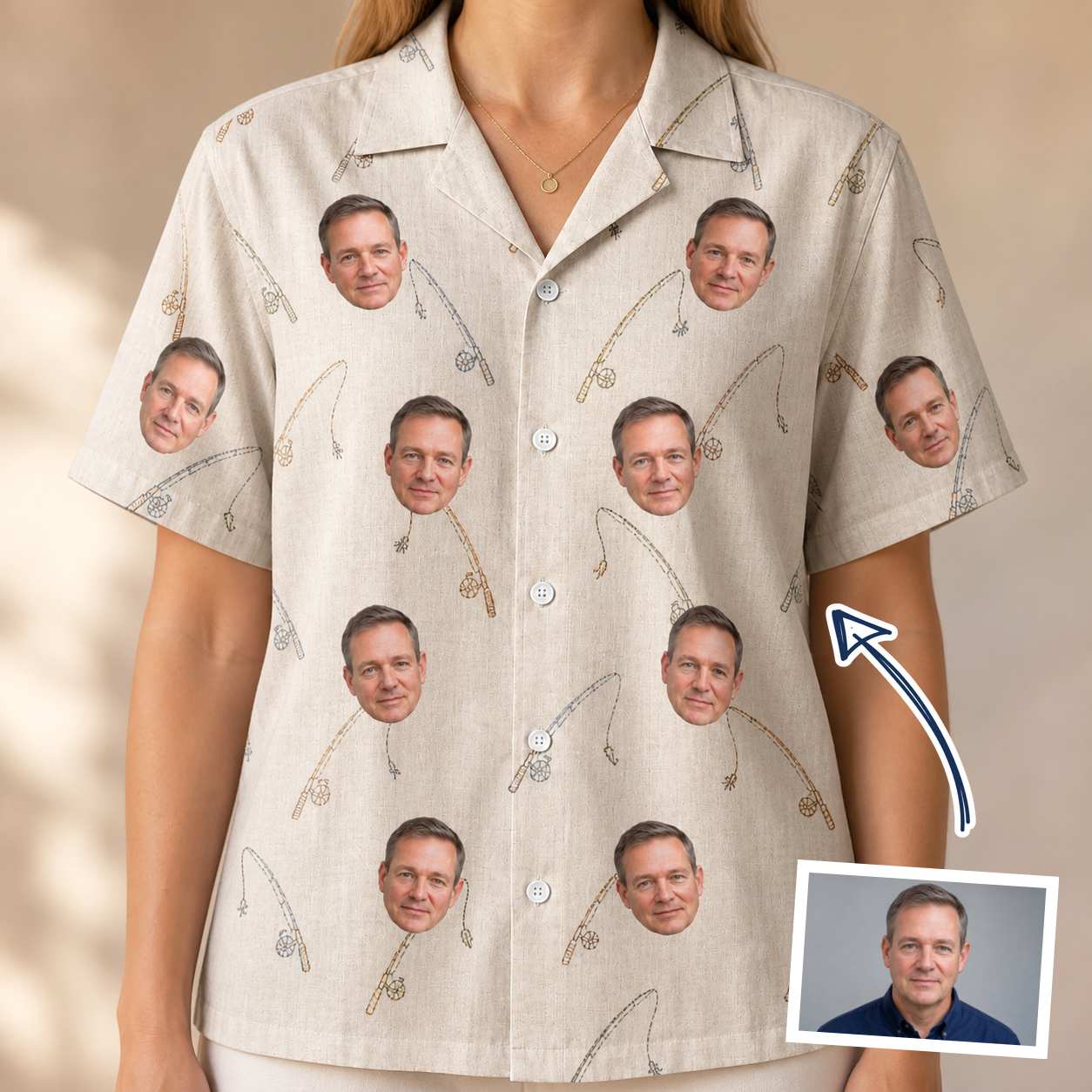 Woman wearing Women's Fishing Frenzy Custom Face Hawaiian Shirt — custom faces printed all-over
