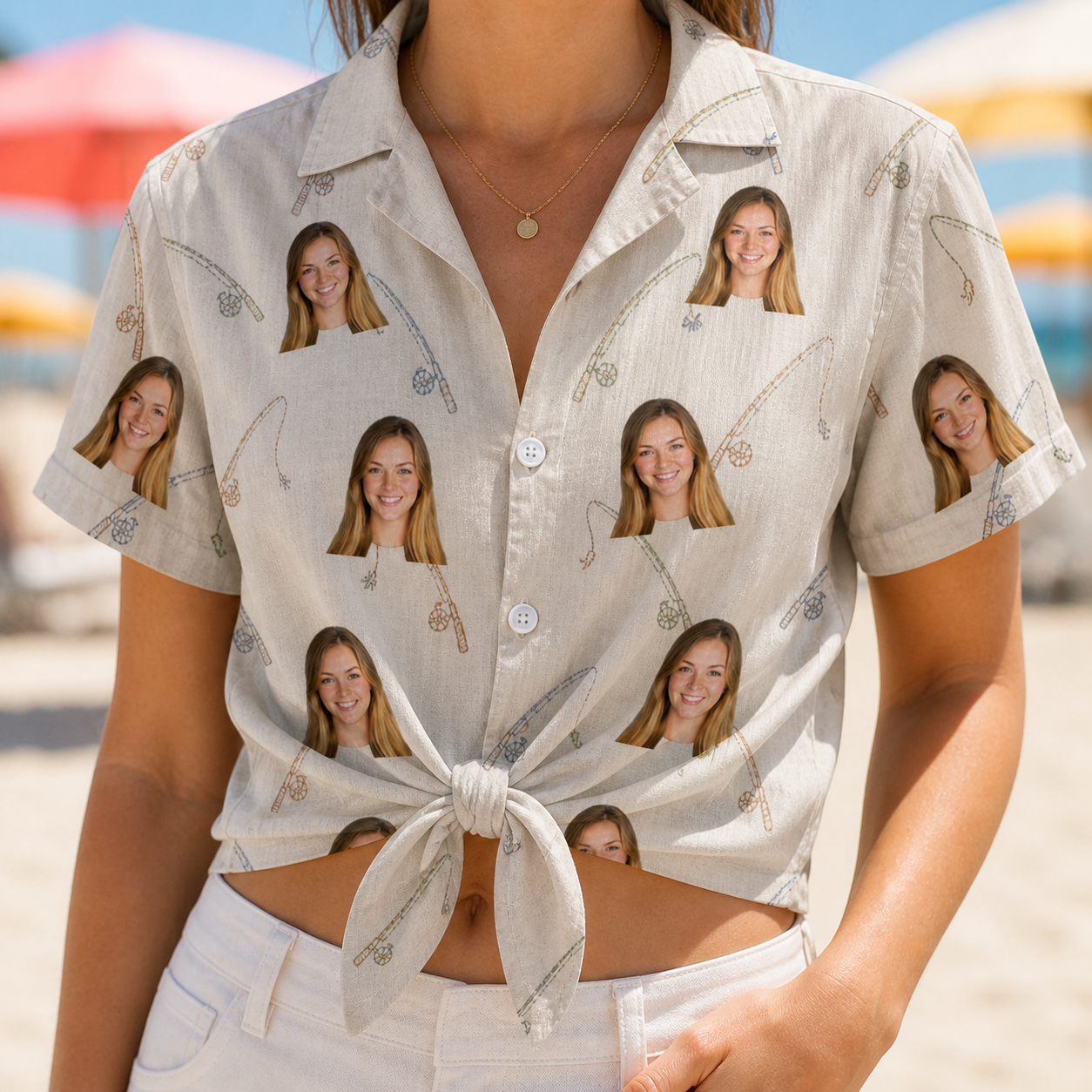 Woman wearing Women's Fishing Frenzy Custom Face Hawaiian Shirt tied at the waist